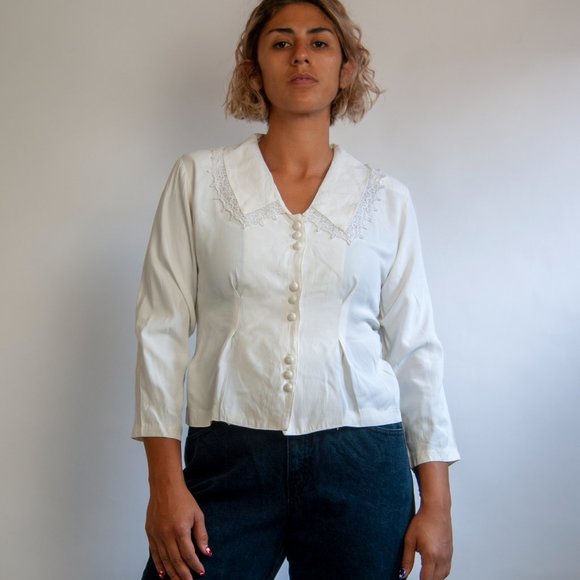 80s cream oversized collar blouse m medium / long sleeve lace blouse / lace bib - Picture 4 of 7